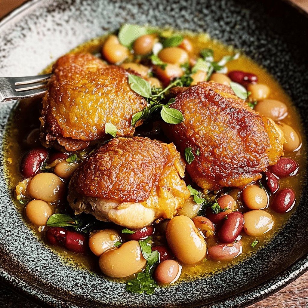 Crispy Chicken Thighs Over Vinegar Beans