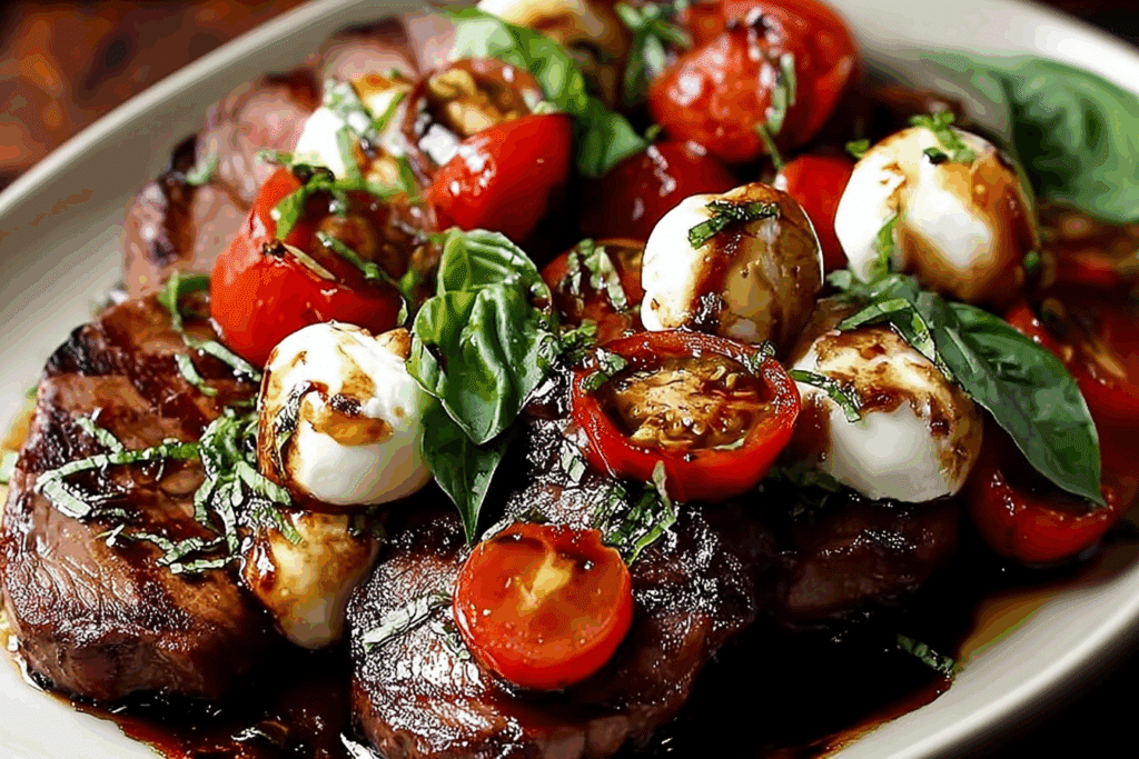 Grilled Balsamic Steak with Mozzarella, Tomatoes & Fresh Basil